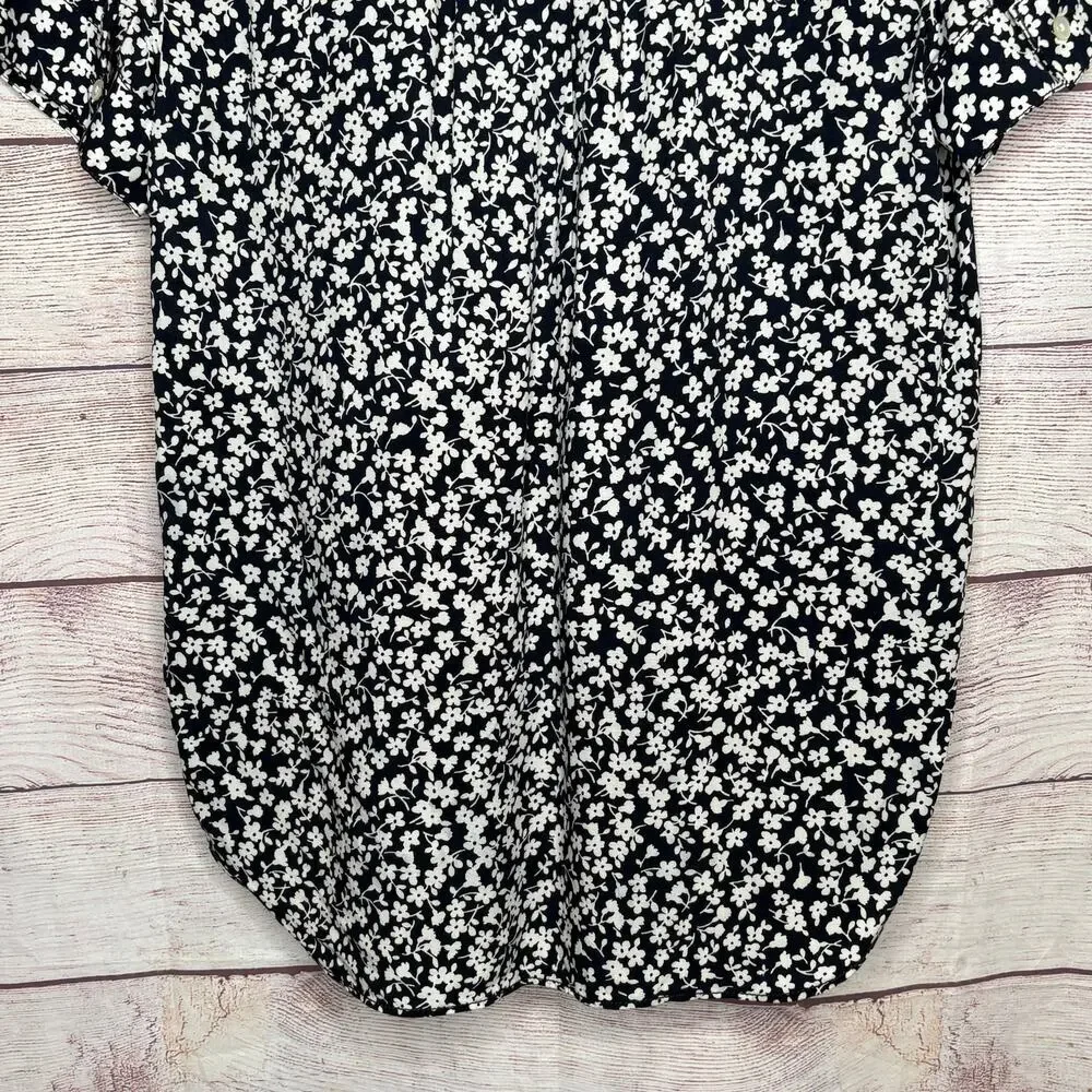 J. Crew Navy White Ditzy Floral Popover Cuff Short Sleeve Blouse Top Size XS New